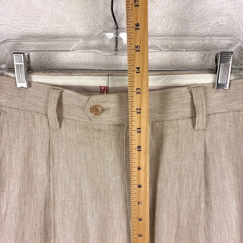 VTG Prestige Pants Men 34 Beige Linen Pleated Cuffed Preppy Summer Classic 90s
